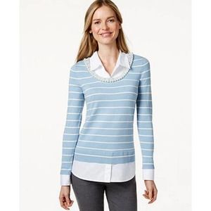 Petite Striped Imitation Pearl-Collar Sweater